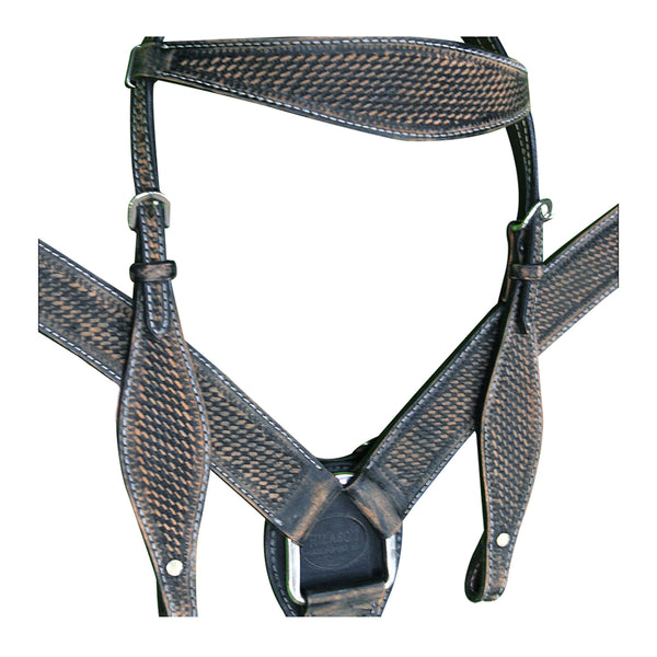 Tan leather western bridle and breastcollar set with basket weave tooling - Uhorse