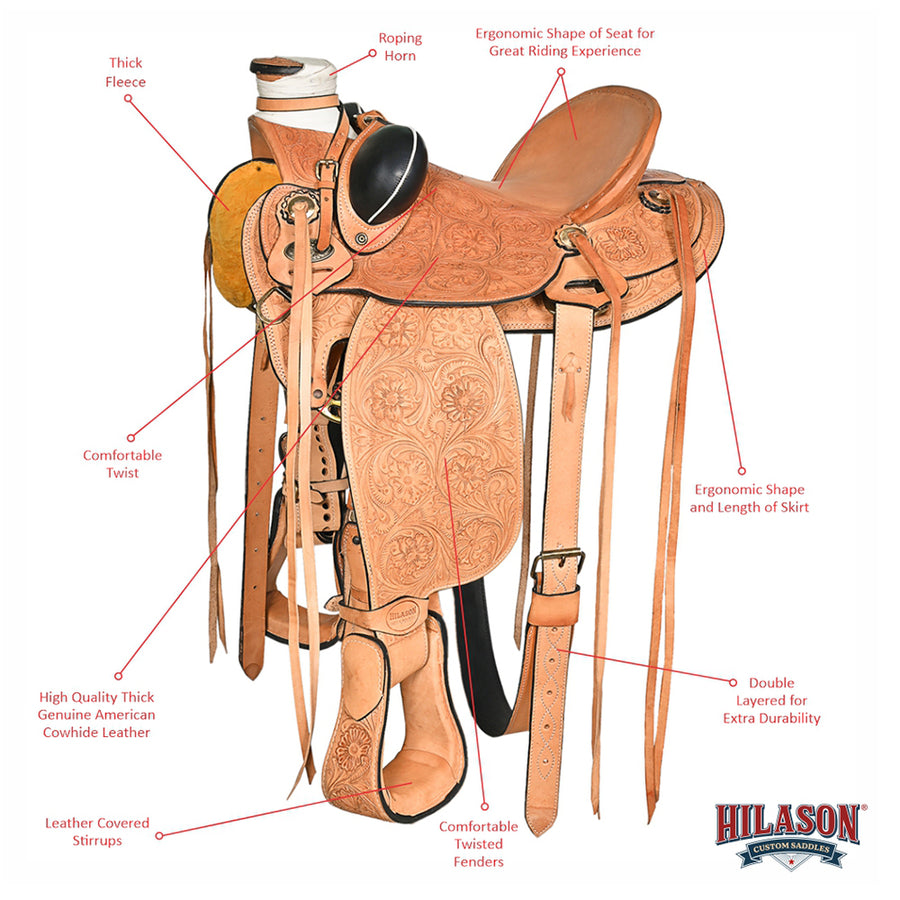 HILASON Western Horse Wade Saddle American Leather Ranch Roping | Hand Tooled & For Horses