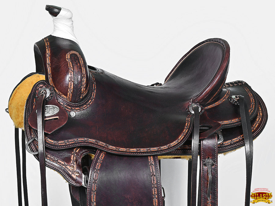 HILASON Western Horse Saddle American Leather Ranch Roping Trail Dark Brown | Hand Tooled Wade & For Horses