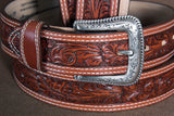 32-46 In Western Leather Belt Men Tan Tooled Dark Brown Stitching