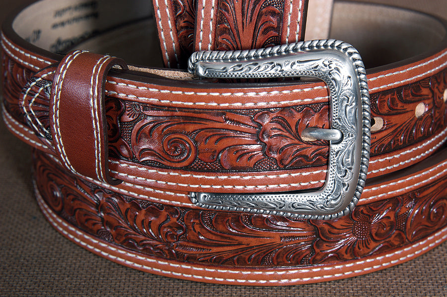 32-46 In Western Leather Belt Men Tan Tooled Dark Brown Stitching
