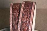 32-46 In Western Leather Belt Men Tan Tooled Dark Brown Stitching