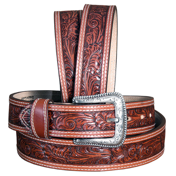 32-46 In Western Leather Belt Men Tan Tooled Dark Brown Stitching - Uhorse
