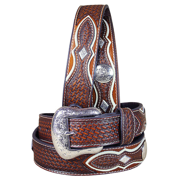 Western Nocona men's Belt Tooled Diamond Silver Conchos Copper 48 Ines - Uhorse
