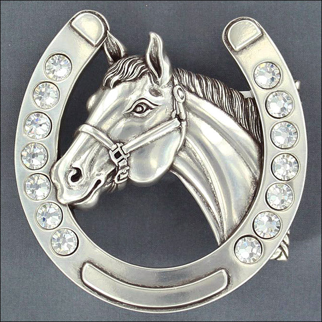 M&F Western Silver Finish Belt Buckle with Horseshoe Horsehead Crystal Rhinestones - Uhorse