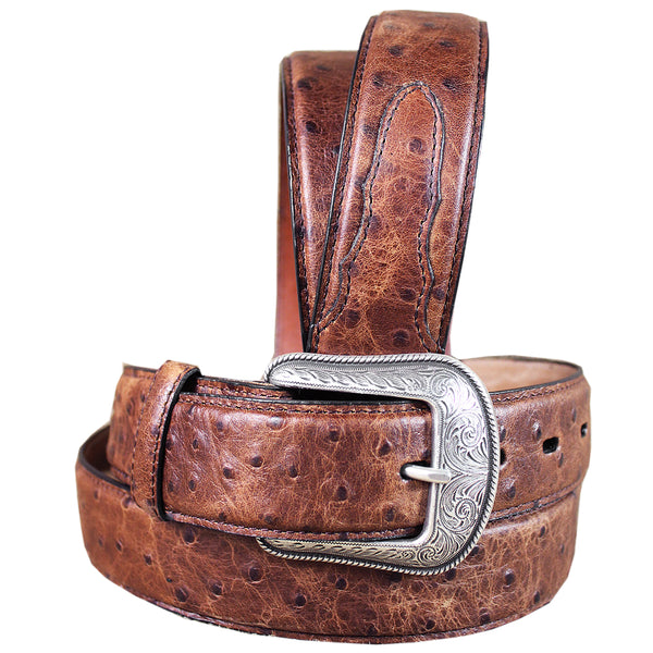 3D Men's Vintage Brown Ostrich Print Leather Belt Feathered Edge and Silver Buckle - Uhorse