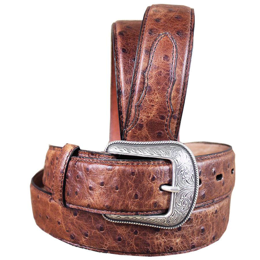 3D Men's Vintage Brown Ostrich Print Leather Belt Feathered Edge and Silver Buckle - Uhorse