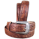 3D Men's Vintage Brown Ostrich Print Leather Belt Feathered Edge & Silver Buckle