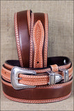 3D Natural Mens Fashion Ranger Tan Leather Belt Silver Buckle