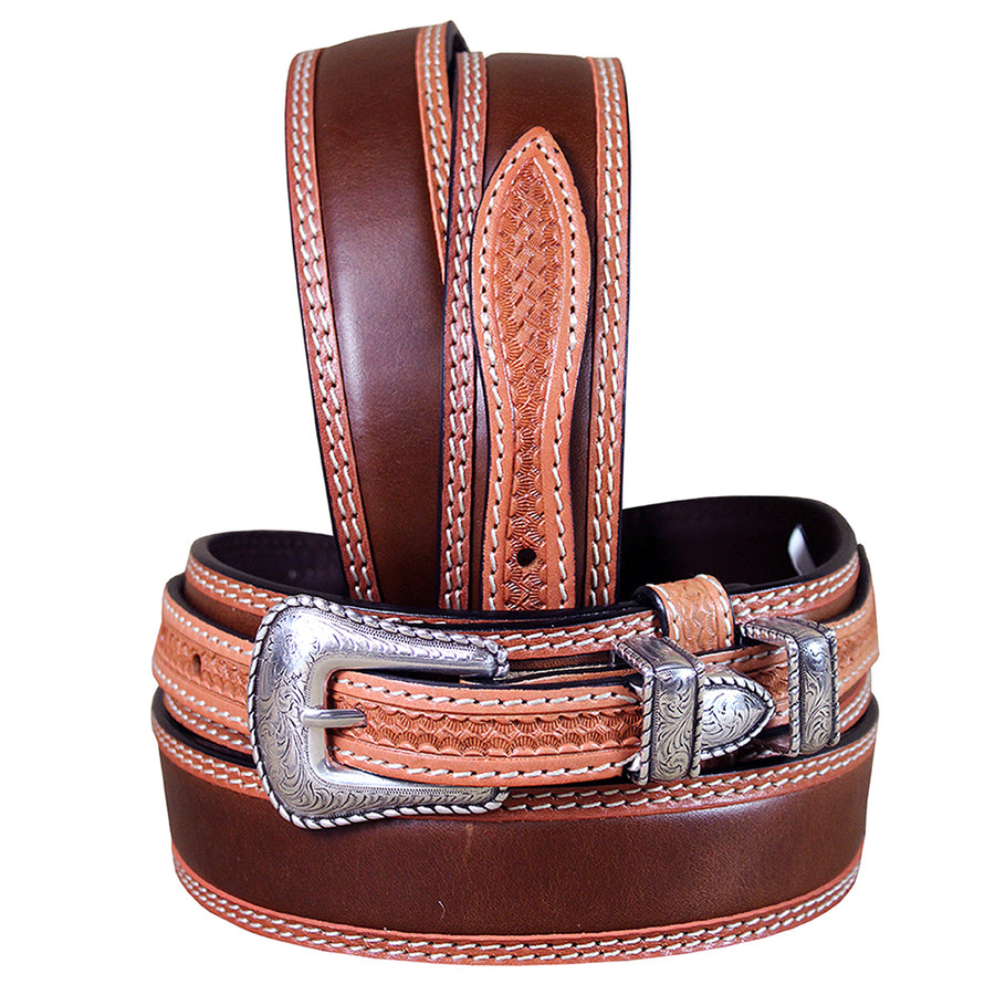 2 Tone Brown Full-Grain Leather Belt Contrast Stitching and Removable Buckle Set - Uhorse