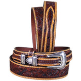 3D Floral Tan Mens Fashion Ranger Leather Belt Silver Buckle