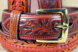 42 Inch 3D Brown Floral Mens Fashion Leather Belt Removable Buckle