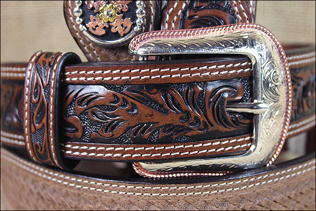 44 In 3D Belts 1 1/2 in Distressed  Basket weave Floral Leather Belt