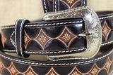 44 Inch 3D Dark Brown Mens Flower Pattern Fashion Leather Belt