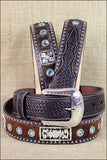 44 Inch 3D Brown Mens Blue Crystal Fashion Leather Hair On Belt