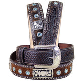 46 Inch 3D Brown Mens Blue Crystal Fashion Leather Hair On Belt