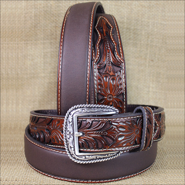 44 In W. Ariat Belt Silver Buckle Leather Mens Tooled Tan by Hilason – Cowboy and equestrian accessories