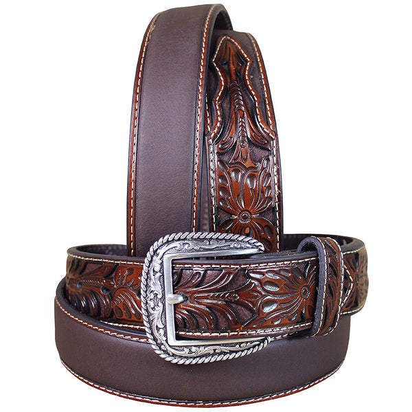 W. Belt Ariat Silver Buckle Leather Mens Tooled Floral 32-46 by Hilason – Cowboy and equestrian accessories