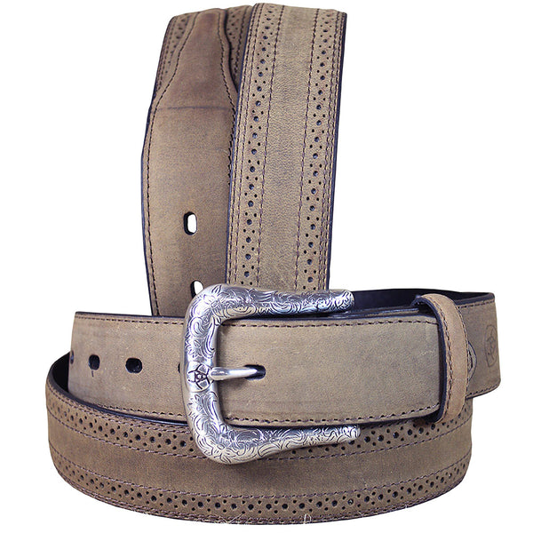 W. Laether Belt Men Ariat Brown Distressed Perf Edge 32-46 In – by Hilason – Cowboy and equestrian accessories