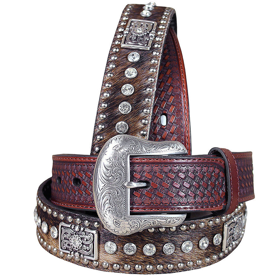 44 In Western Leather men's Belt Nocona Conchos Rhinestones Hair Brown - Uhorse