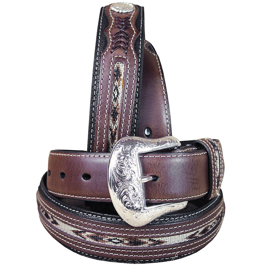 Western Fabric Inset Belt Men Black Brown Leather 32-46 Ines - Uhorse