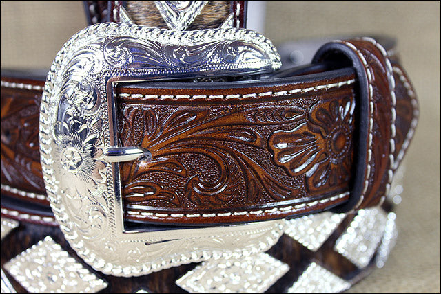 Western Nocona Leather Mens Belt Hair Diamond Conchos Dark Brown 32-46