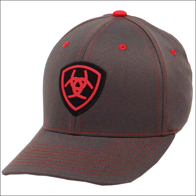 Ariat Western Mens Baseball Cap Cowboy Flex Fit Gray Red Logo