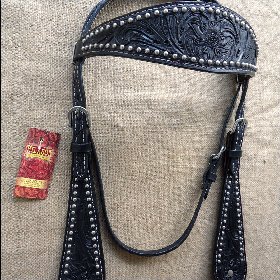W. H. Headstall Tk. Bridle American Leather Floral Studs Hilason – by Hilason – Cowboy and equestrian accessories