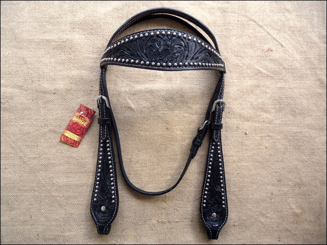 Western Horse Headstall Tack Bridle American Leather Floral Studs Hilason