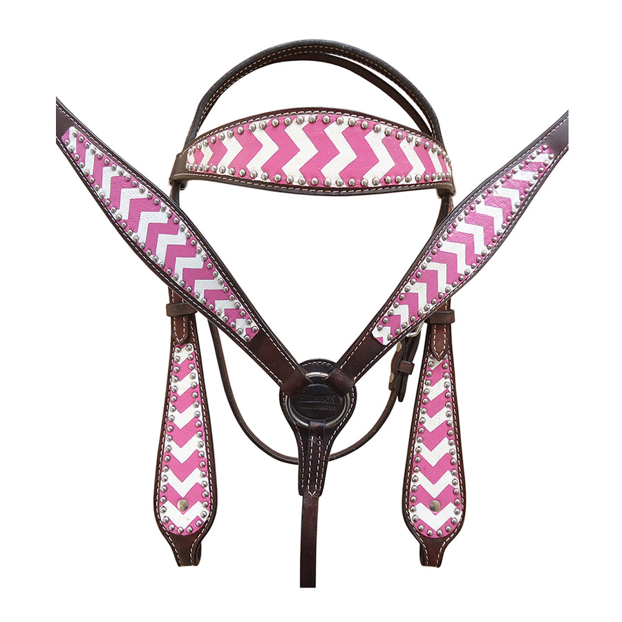 HILASON W. H. Leather Headstall and Breast Collar Set Pink Zigzag| by Hilason – Cowboy and equestrian accessories