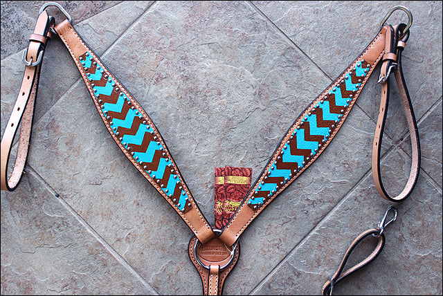 HILASON Western Horse Genuine Leather Headstall & Breast Collar Set Turquoise Brown Zigzag