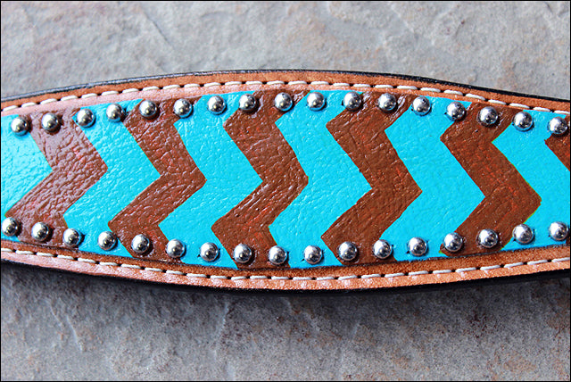 HILASON Western Horse Genuine Leather Headstall & Breast Collar Set Turquoise Brown Zigzag