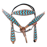 HILASON Western Horse Leather Headstall and Breast Collar Set Turquoise and Brown Zigzag| Headstall Bridle for Horses Western | Horse Headstall Bridle | Western Headstalls Bridle for Horses