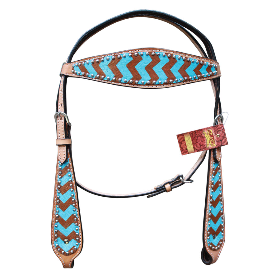 HILASON Western Horse Genuine Leather Headstall & Breast Collar Set Turquoise Brown Zigzag