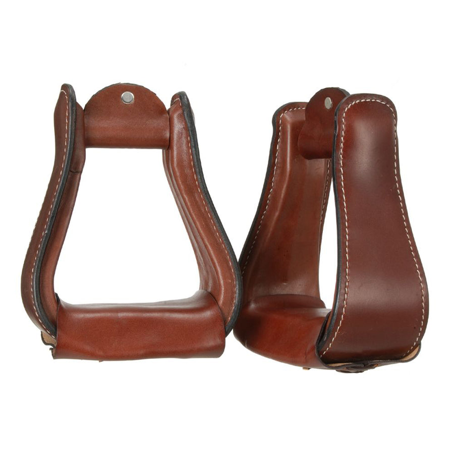 Tough 1 Wide Leather Covered H. Stirrups Pair W/ Dark Oil 2 1/2" Neck by Hilason – Cowboy and equestrian accessories