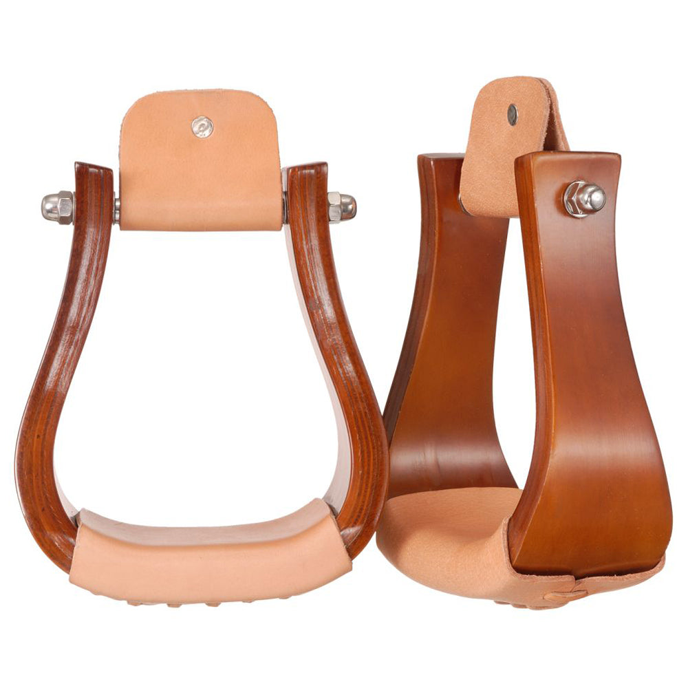 Tough 1 Solid Hardwood Horse Bell Stirrups Pair Oil Lacequer Finish W/ 3" Neck