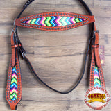Hilason Western Horse Headstall American Leather Mahogany Aztec Inlay