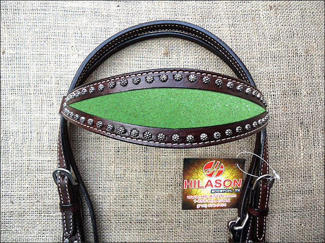 Hilason Western Horse Headstall Bridle American Leather Lime Green Inlay