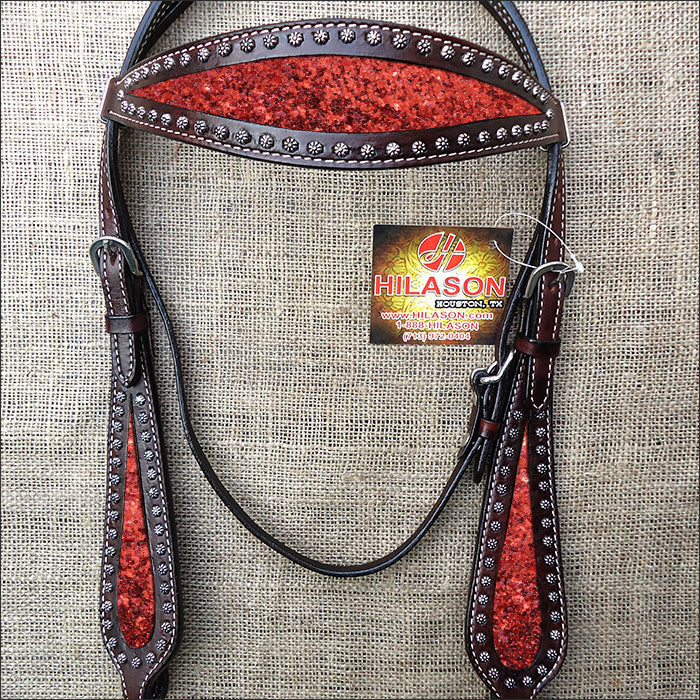 Hilason Western Horse Headstall Bridle American Leather Brown Red Inlay