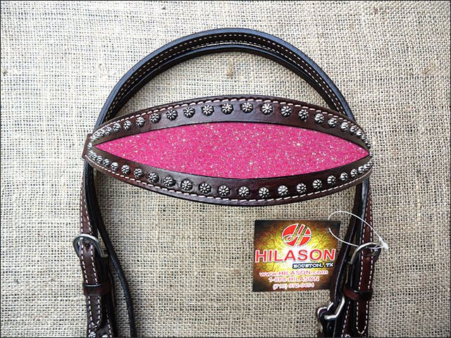Hilason Western Horse Headstall Bridle American Leather Brown Pink Inlay