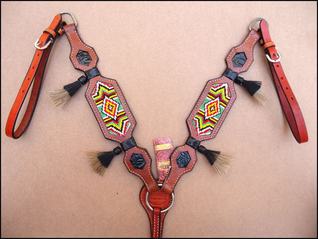 Hilason Western Leather Breast Collar Mahogany Beaded Inlay Hair Tassel