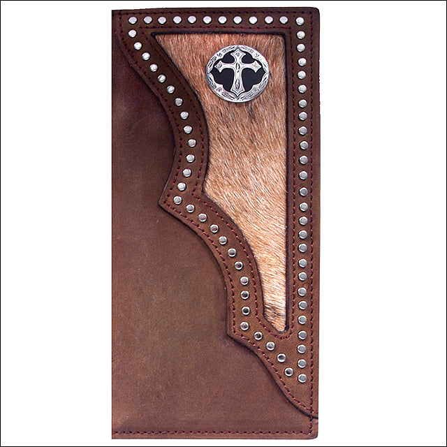 3D Dark Brown Western Leather Mens Rodeo Wallet Hair On Inlay Cross Concho