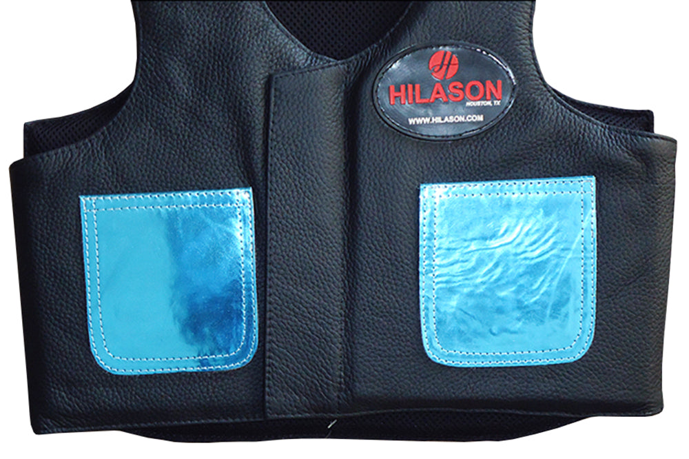 HILASON Kids Junior Youth Horse Riding Pro Rodeo Leather Protective Vest ‎Black with Metallic Turquoise | Youth Rodeo Vest | Leather Vest | Horse Riding Protective Vest | Junior Vest |