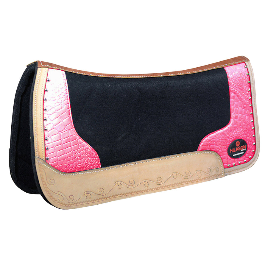 Pink and black leather western saddle pad with tooling - Uhorse