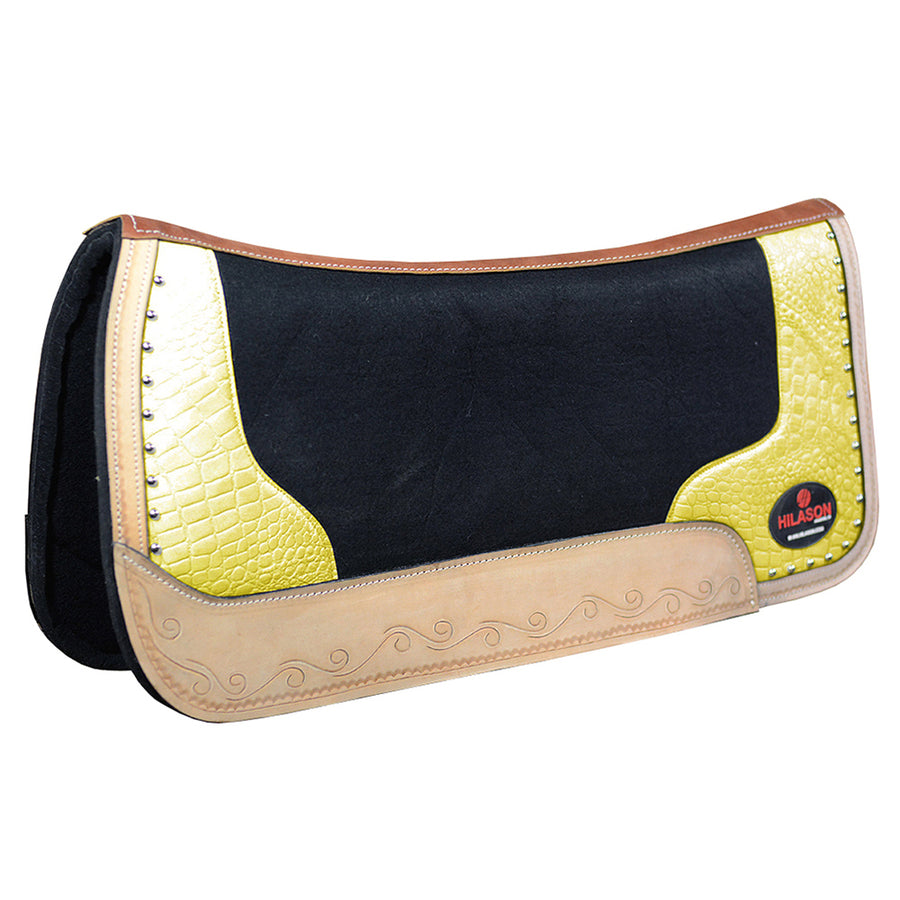 Black and yellow leather western saddle pad with tooled leather trim - Uhorse