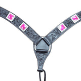 Black leather horse breast collar with pink and white conchos - Uhorse