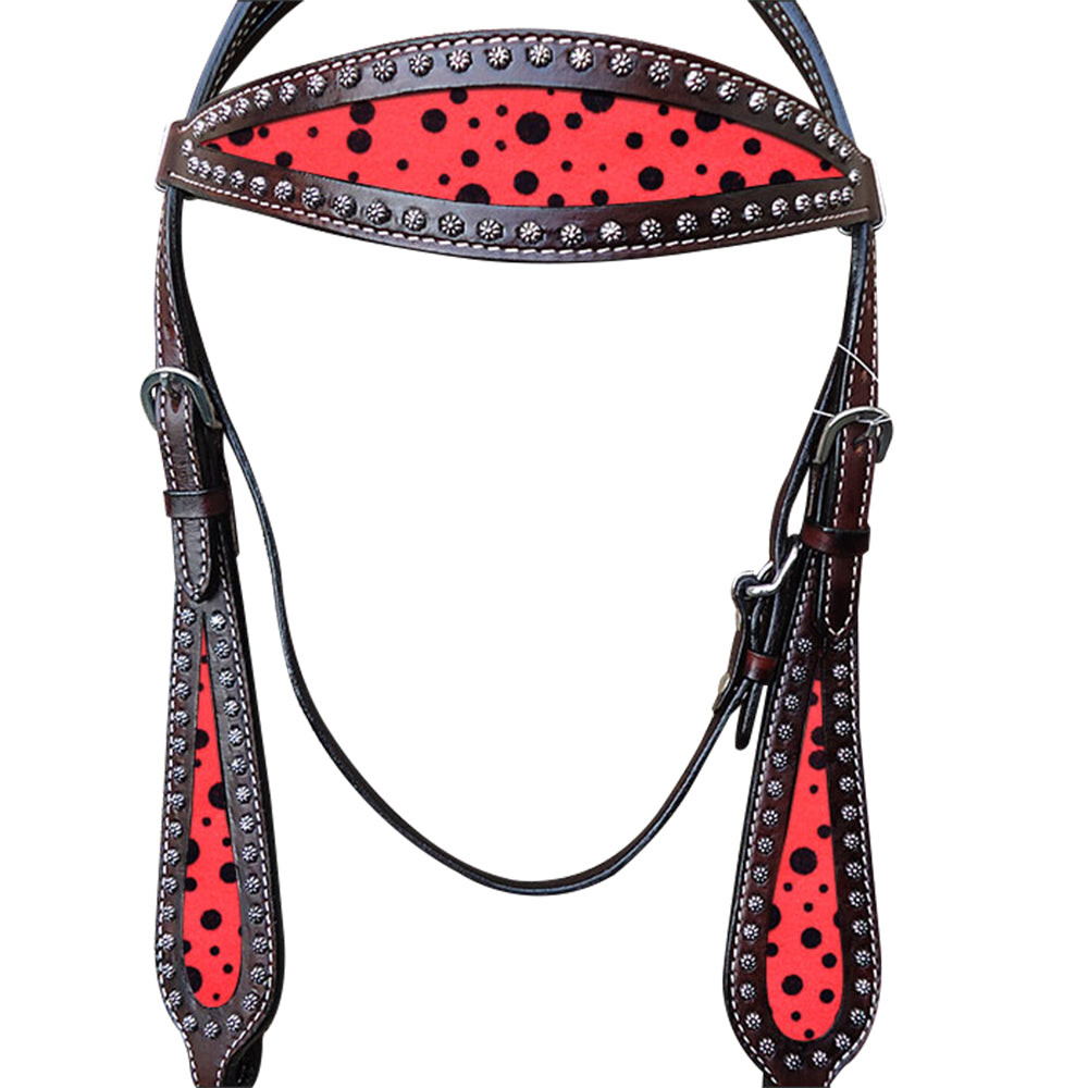 Hilason Western Horse Headstall American Leather Brown Red Black Dots
