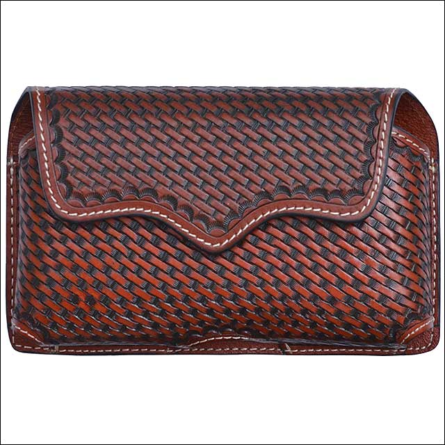 3D Tan Basketweave Leather Hand Tooled Large Smartphone Holder with Metal Clip - Uhorse