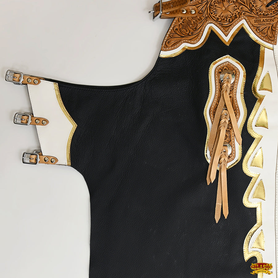 HILASON Bull Riding Chaps de Cuero genuino Rodeo Western Black Base | Leather for Men and Women Unisex