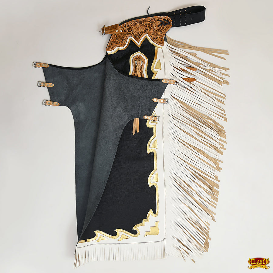 HILASON Bull Riding Chaps de Cuero genuino Rodeo Western Black Base | Leather for Men and Women Unisex